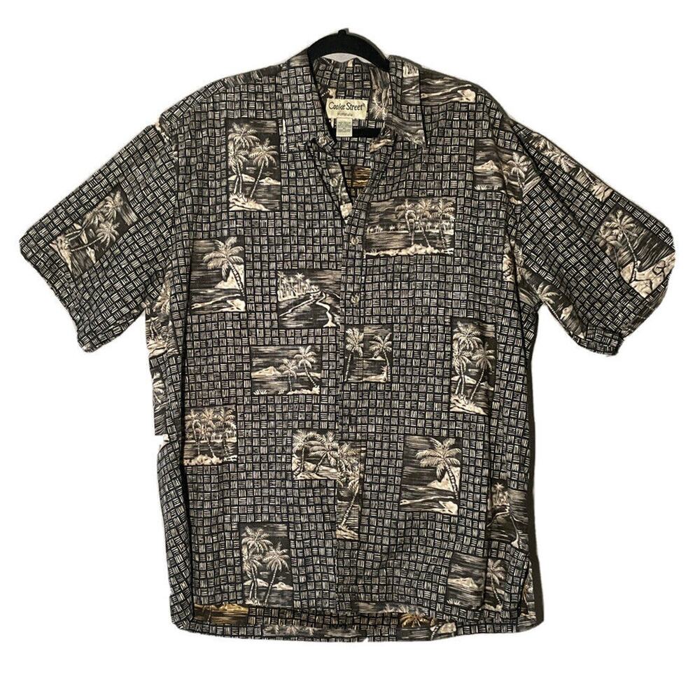 Cooke Street Men XL Aloha Rev Print Shirt 100% Cotton Button Up Palm Trees Brown